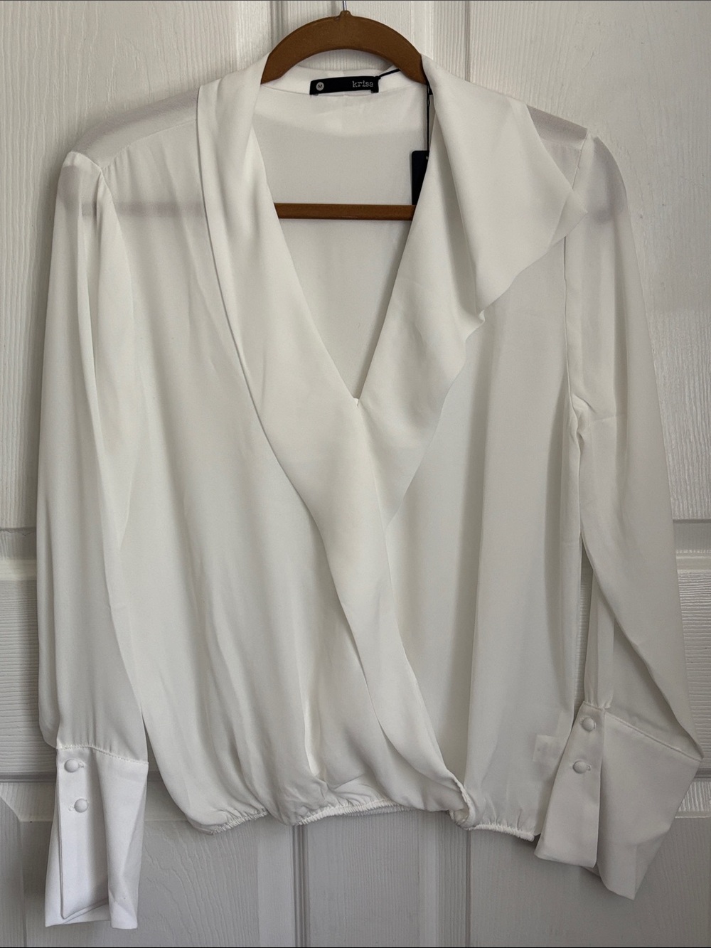 NEW KRISA by Revolve White V-Neck Wrap Blouse Asymmetrical Collar Size medium